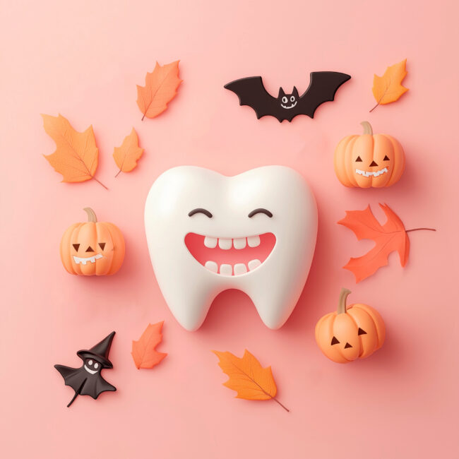 halloween background with pumpkin and bats and cute teeth/dental clinic in hallloween theme/poster